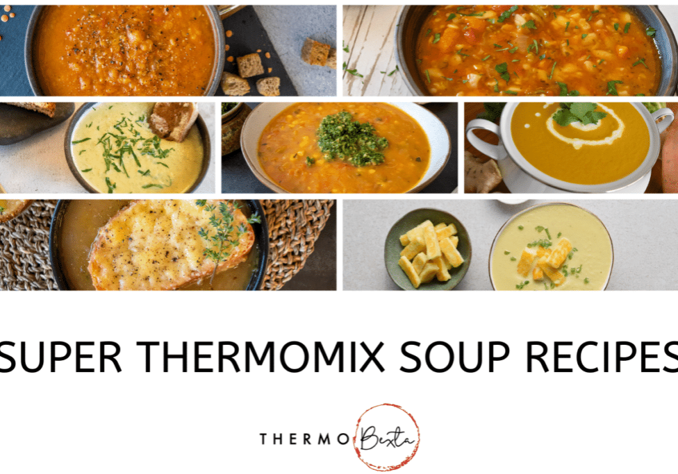 Seven bowls each containing a different type of soup, underneath is the title 'super Thermomix soup recipes' then under that, the Thermobexta logo